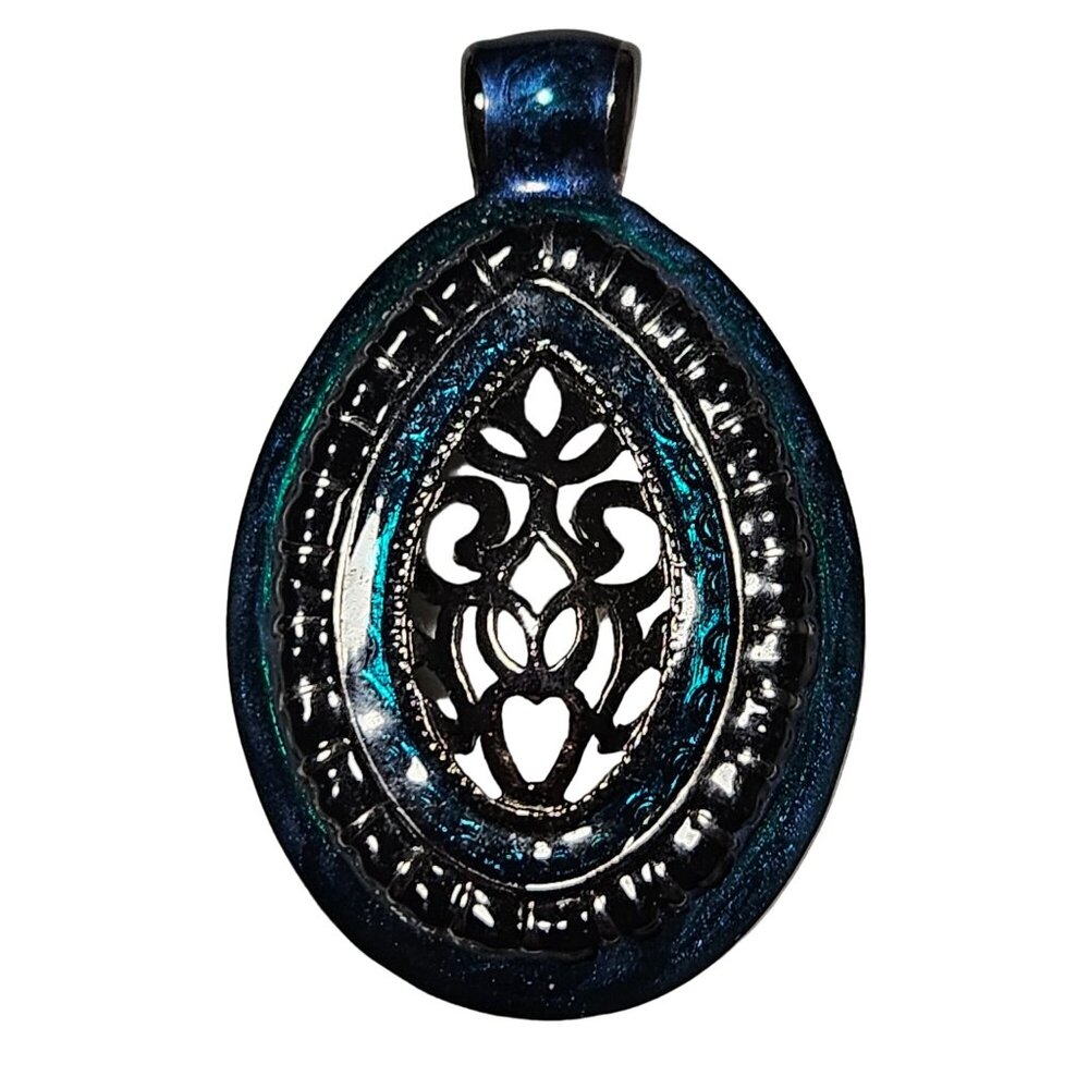 Vintage Intricately Designed Filigree Oval Metal Pendant Cutout Details Metallic